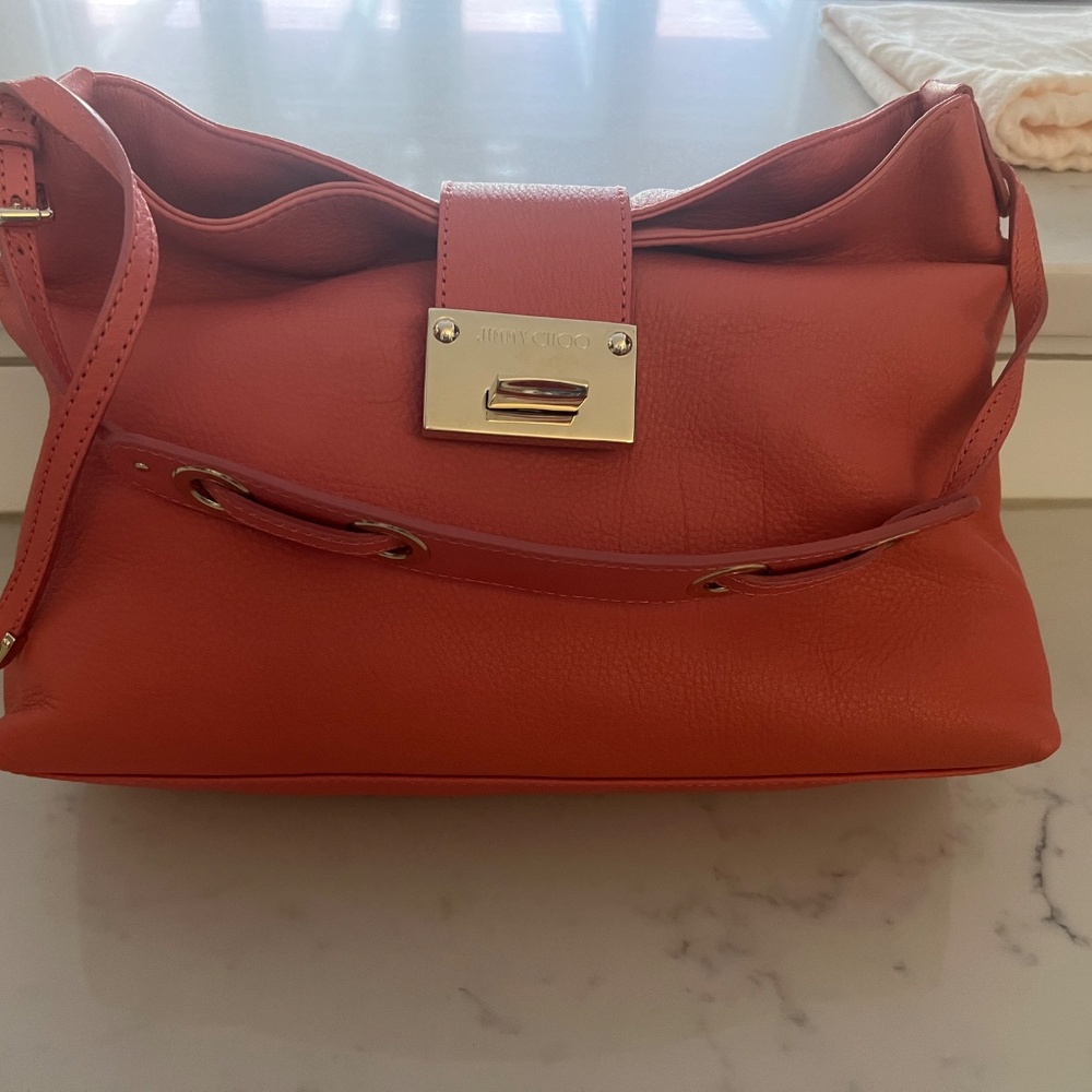 NWT~ Jimmy Choo Rachel Grainy Calf Leather Shoulder Bag in CORAL